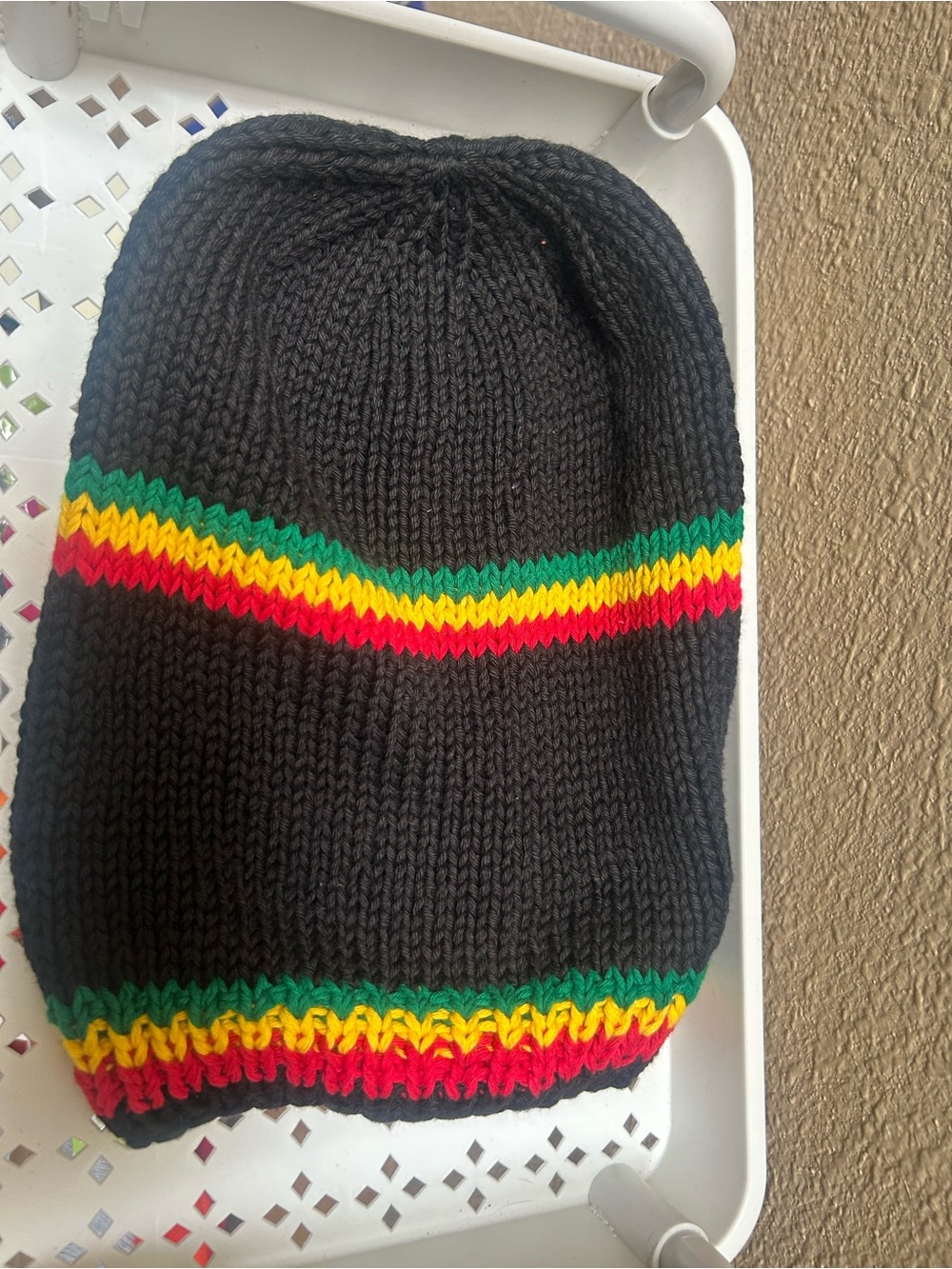 Black Knit Beanie with Red, Yellow & Green Stripes. Rasta Jamaican. 100% acrylic
